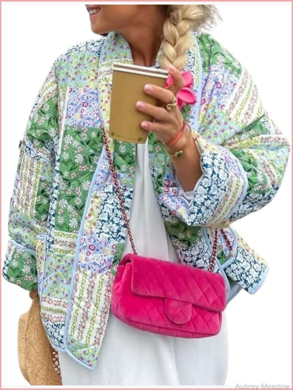 Cropped Quilted Lightweight Jacket Floral Print Open Front Puffer Cardigan